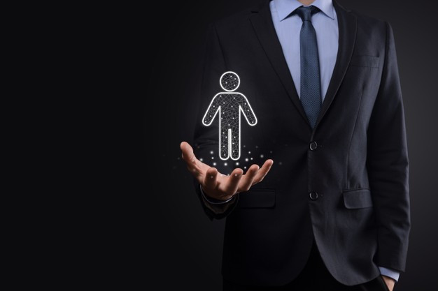 Businessman holds man person icon